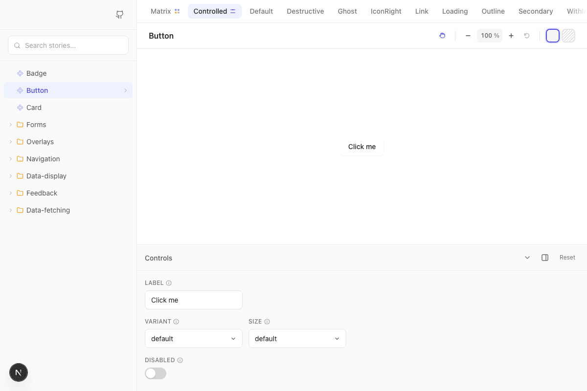 Nextbook UI showing component stories with interactive controls
